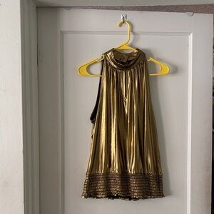 Gold Sleeveless Top with Ruffle Hem